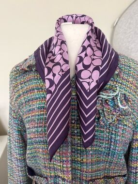 Coach silk signature C and stripe silk square scarf EUC purple